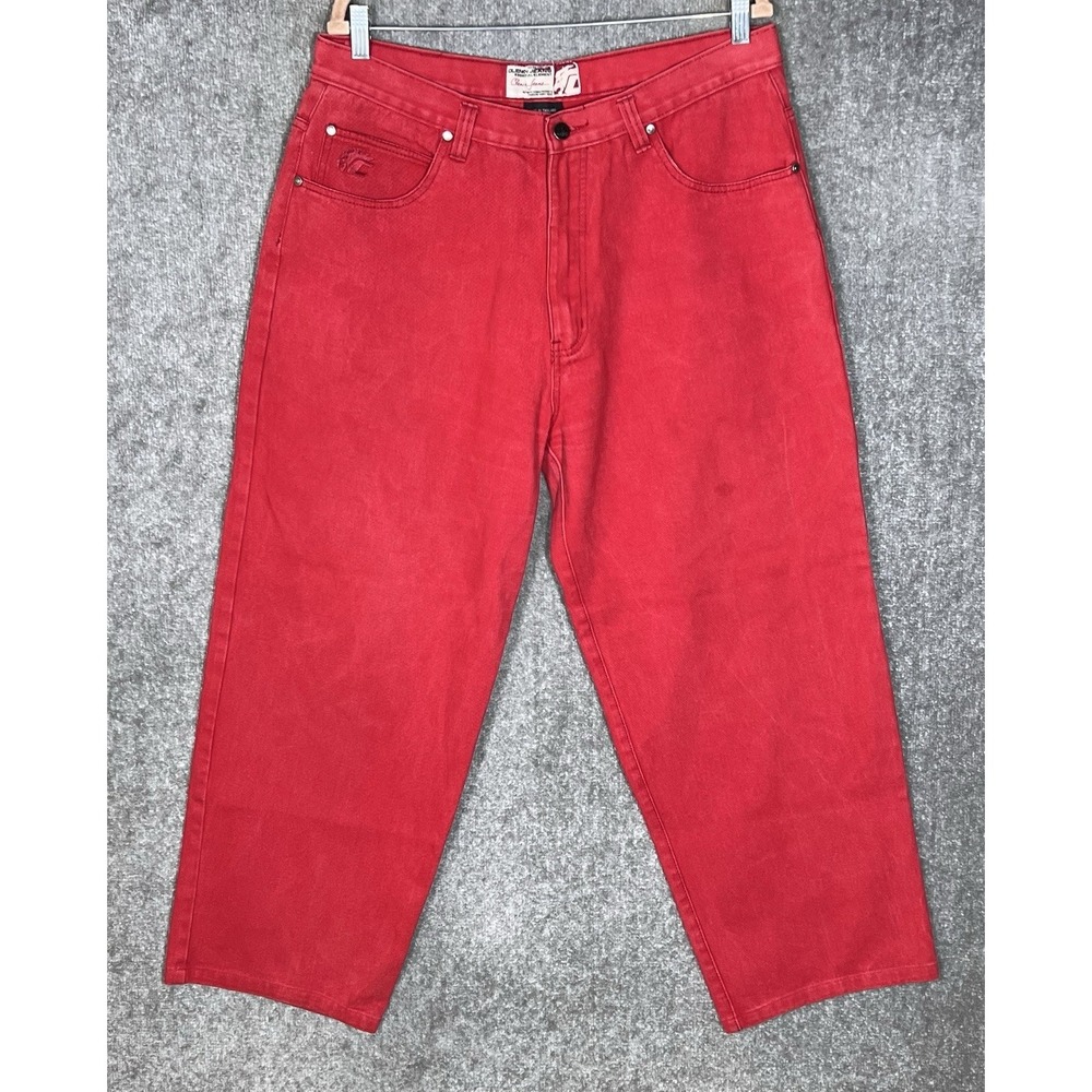 Vintage Clench Jeans Mens Size 38x32 (34x28) Red Denim Baggy Wide Leg Skater